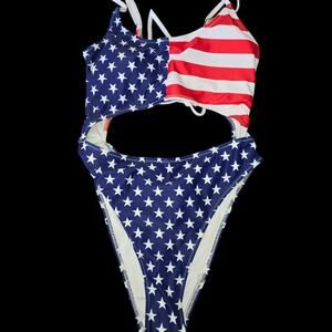 NWT, Myeeka Women’s Patriotic One Piece Swim Suit/Bathing Suit, Size L